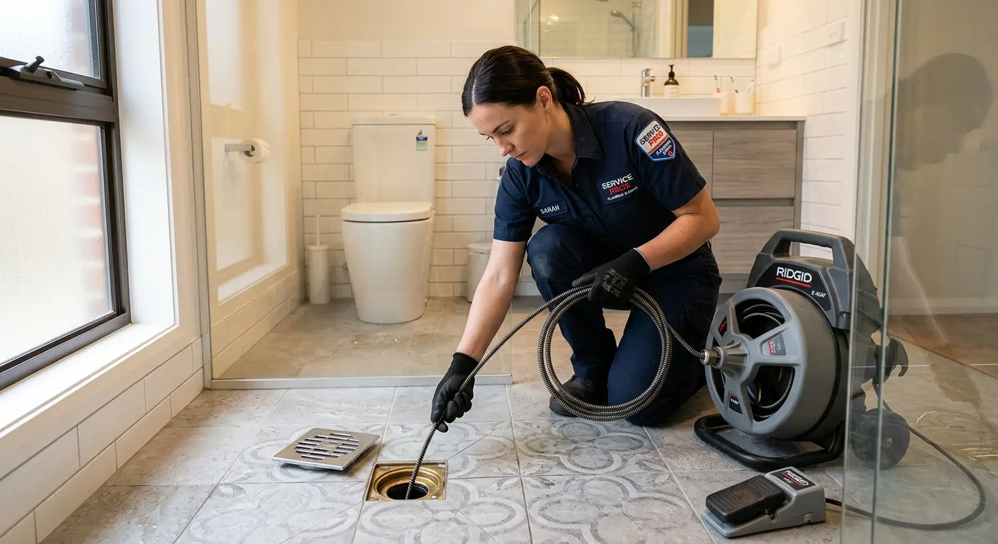 Technician clearing a bathroom floor drain for Sewer Line Installation in Mesquite